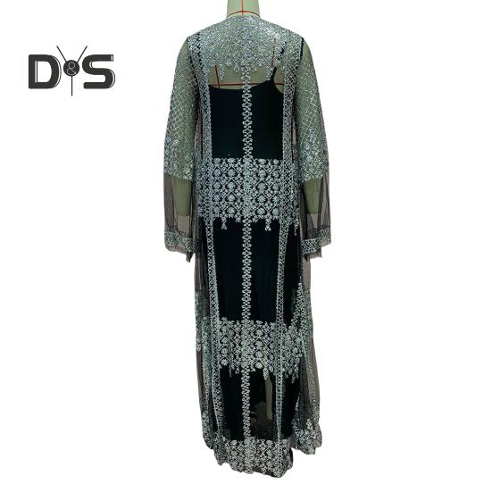 2 Pcs/Set Women Evening Dress Big Swing Shiny Bronzed Cardigan Slip Dress Set See-through Mesh Long Sleeve Coat Cocktail Events Special Occasions