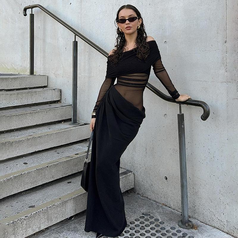 Frühling Elegantes Mesh Patchwork Maxikleid Damen Sexy Sheer Off Shoulder Slim Partykleid Mode Langarm Urlaub Kleid
