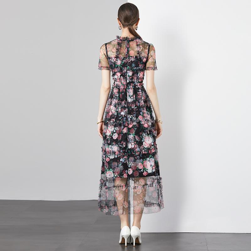 Runway Designer Long Cake Dress Women's Stand Collar Short Sleeve Ruffles  Mesh Pleated Party Prom Dress Summer Tulle Ball Gown  buy the best  products in the Ayzeze online store