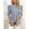 Women Solid Crew Neck Puff Sleeve Long Sleeve Brushed Striped T Shirt Top