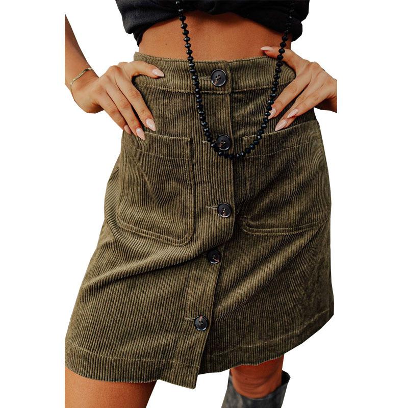 Women Button High Waist Corduroy Package Hip Skirt with Pocket