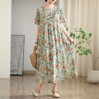 2025 Retro Cotton Linen Print Round Neck Short Sleeve Loose Plus Size Women's Dress