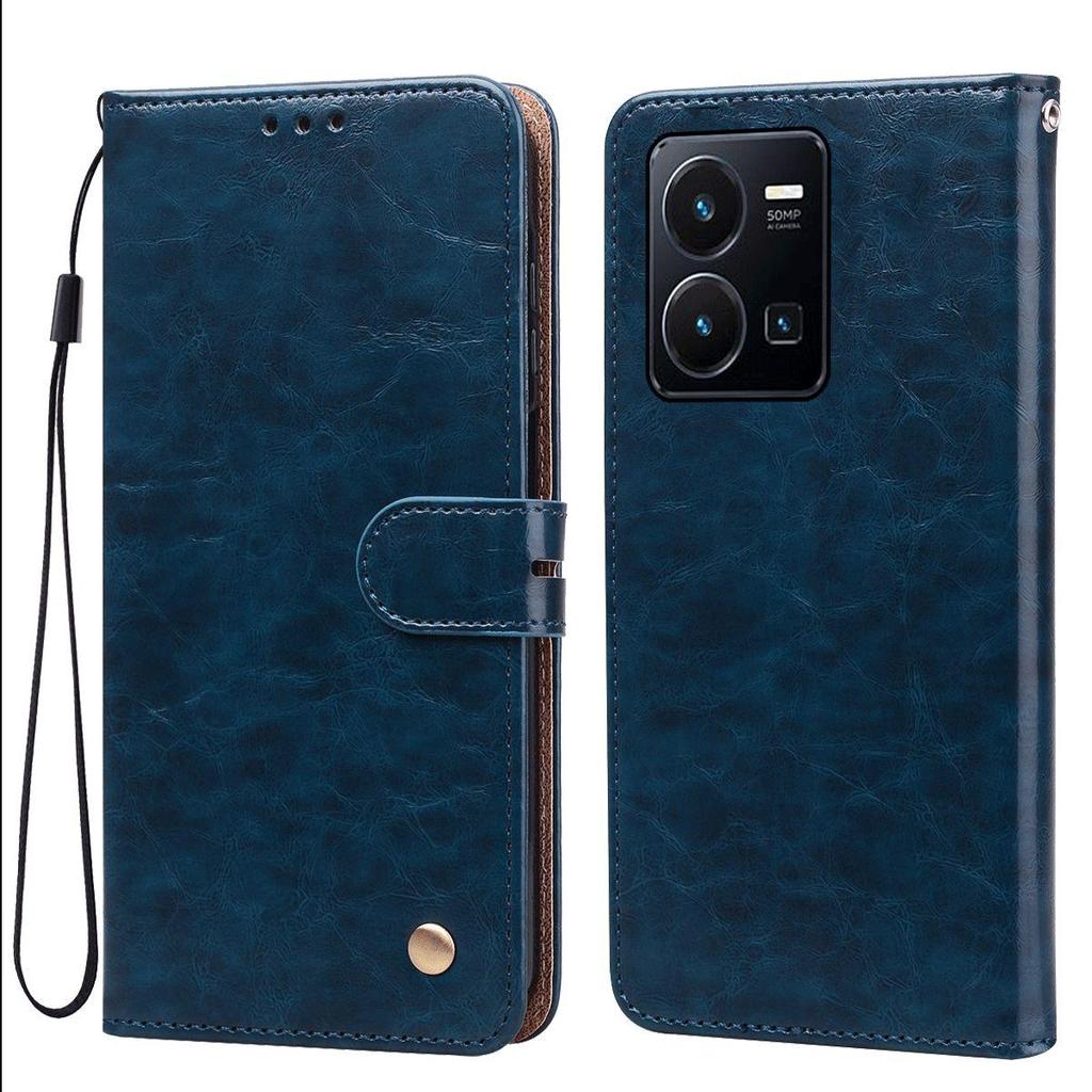 Vintage Crazy Horse Texture PU Leather Flip Wallet Phone Case for Vivo Y35 Card Holder Kickstand Shockproof Protective Cover