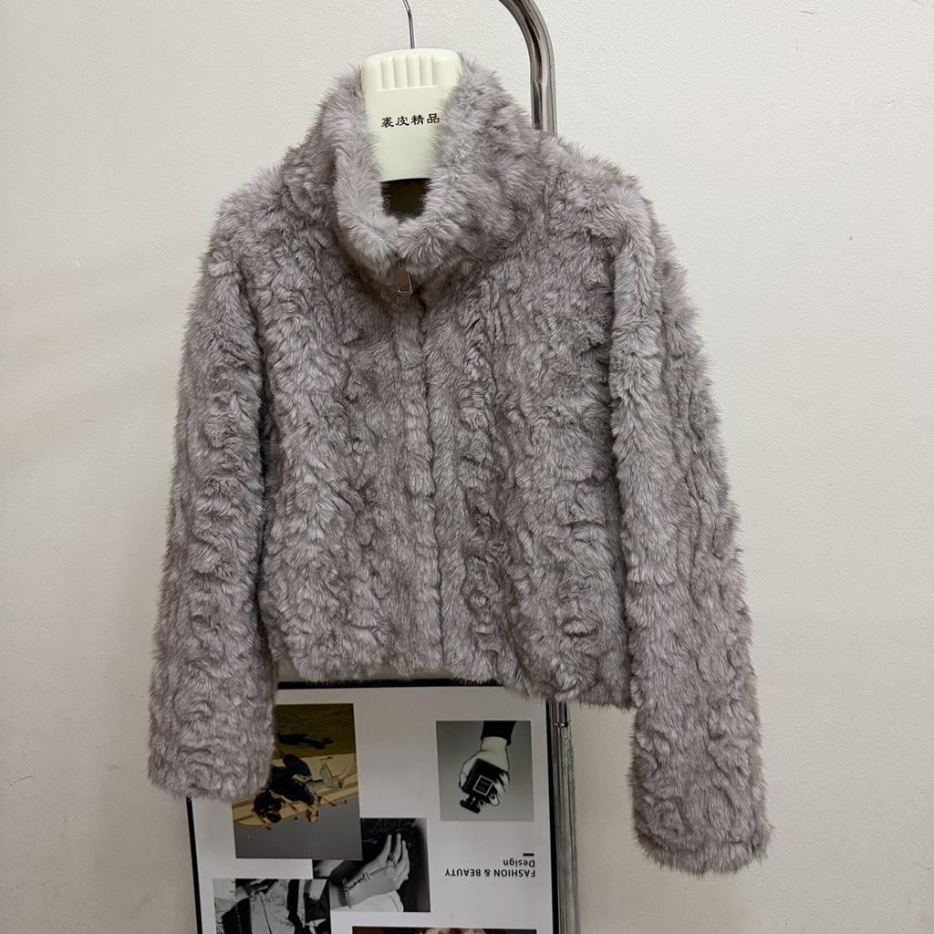 Off-white High-end Stand-up Collar Environmentally Friendly Fur Jacket for Women's Autumn and Winter New Temperament Plush Short Top