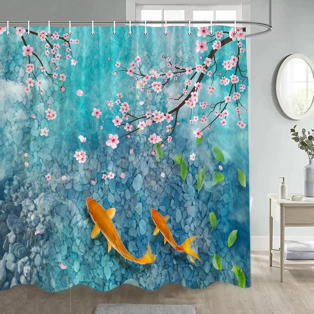 Pink Flowers Shower Curtains Cherry Blossom Floral Koi Japanese Style Bath Curtain Polyester Fabric Bathroom Decor with Hooks