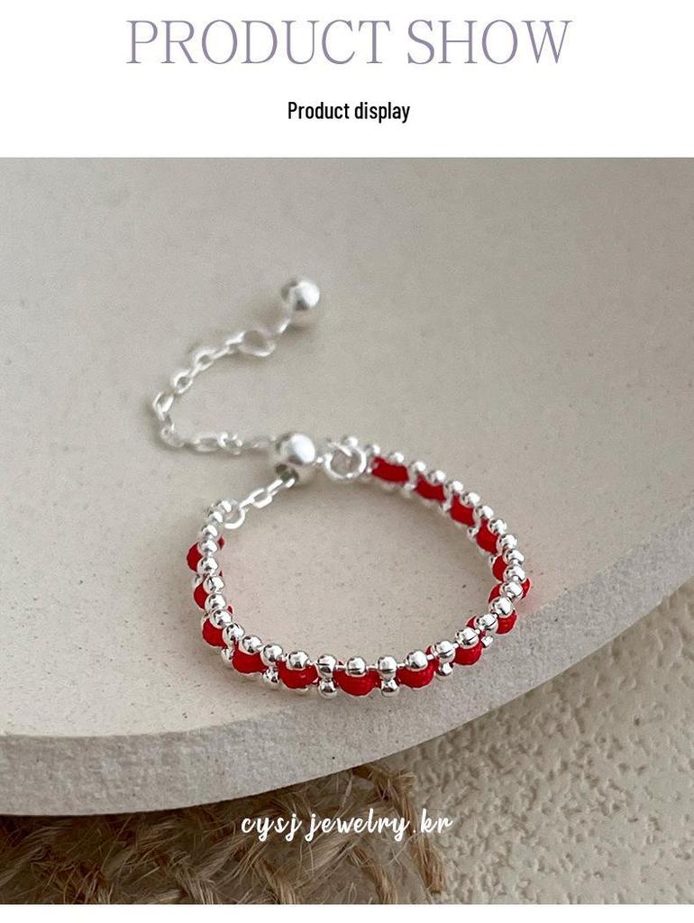 Cuiyan Shijie S925 Silver Korean Style Red Rope Drawstring Ring - Simple Handmade Women's Woven Jewelry