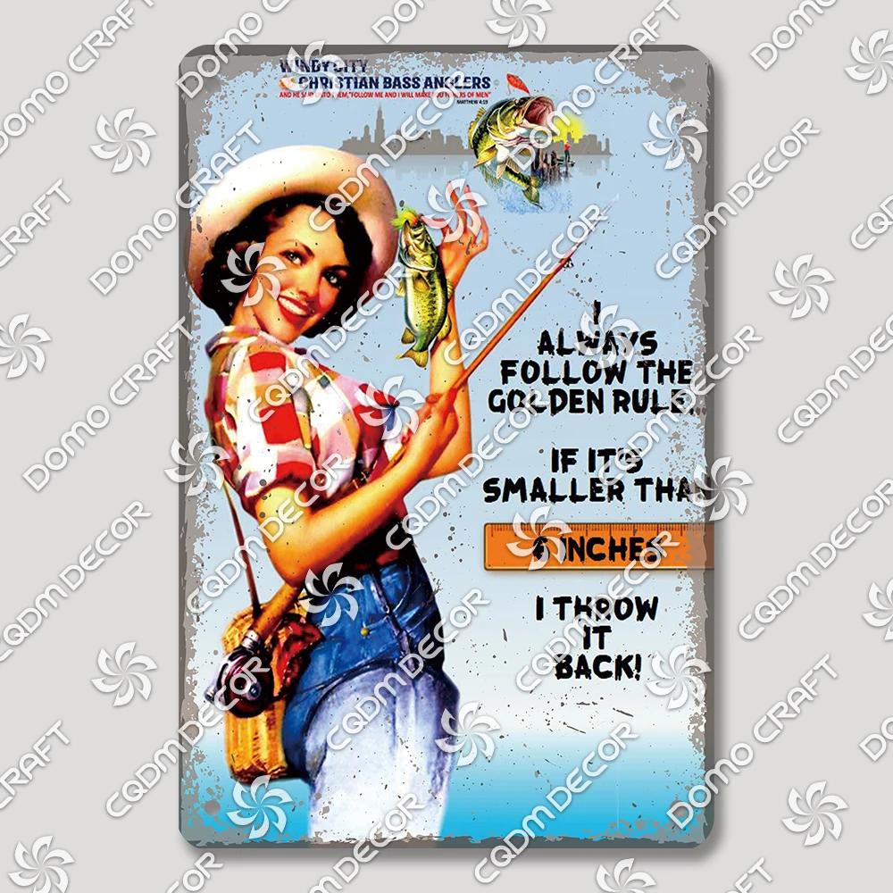 Vintage Znak Metalowy Blaszany Dziewczyny Wędkujące Retro Kobieta z Psami Dekoracja Ścienna dla Klubu Wędkarskiego Dom Wiejski