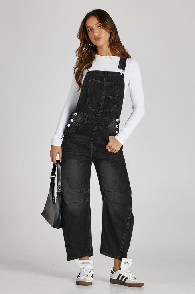 Womens Denim Bib Overalls Barrel Leg Baggy Jean Jumpsuit With Pockets