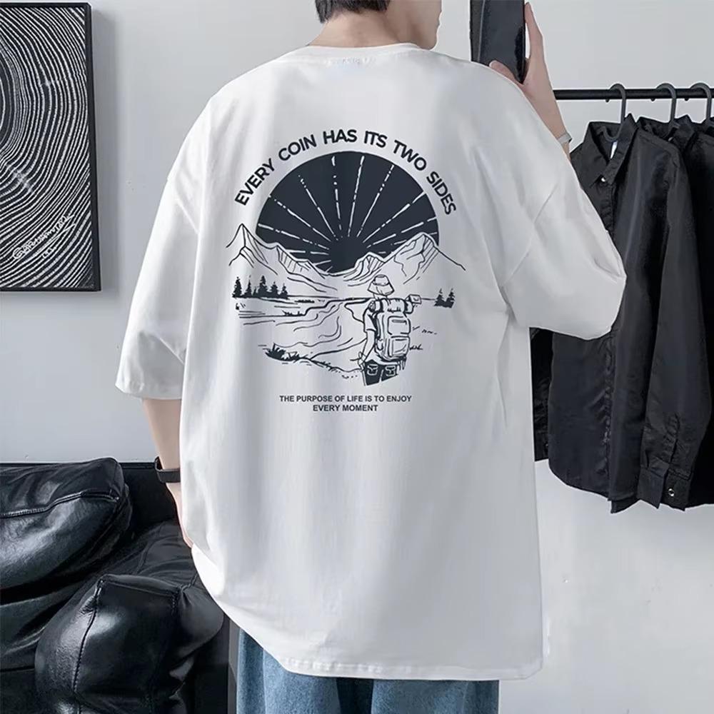 Men's Cotton T-shirt Front Back Print Half Sleeve T-shirt Men's Cotton Summer Loose Oversized Casual O-neck Male Tees