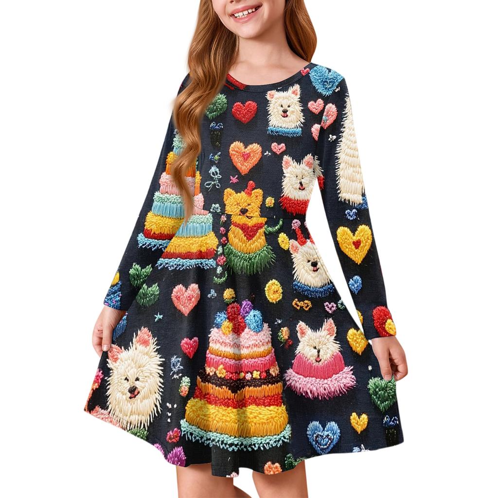 Sommer-Prinzessinnenkleid für Mädchen, Langarm A-Linien T-Shirt-Kleid Valentinstag