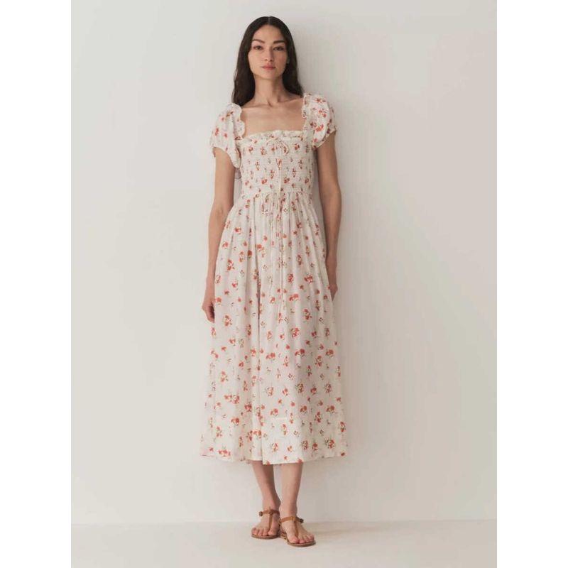 French Pastoral Style Sweet Floral Flounce Puff Sleeves Two-Way Wear Waist Slimming Long Holiday Dress