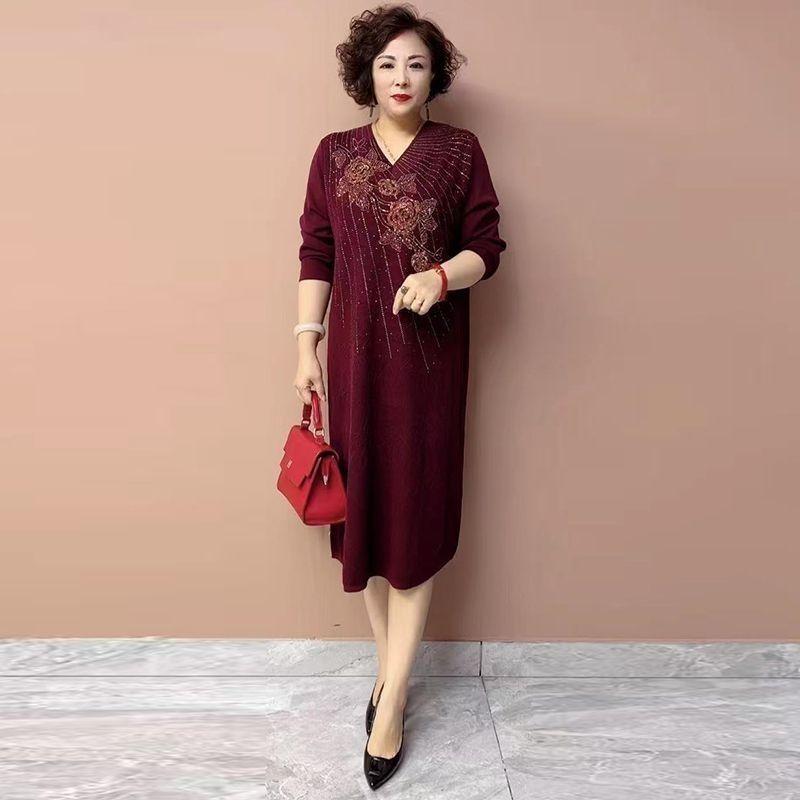 Women's V-Neck Plus-Size Sweater Dress Autumn Loose Embroidered Long Knit Dress
