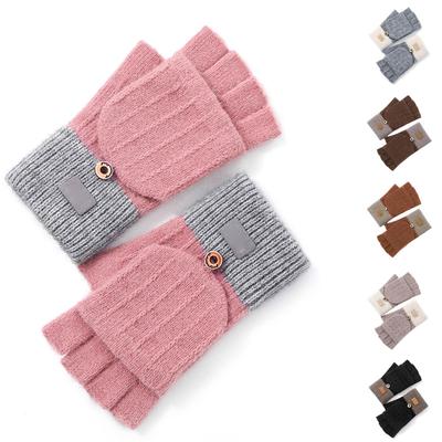 1 Pair Women Winter Gloves with Flipping Cover Thicken Knitted Elastic Anti-slip Gloves Contrast Color Thermal Insulation Fingerless Gloves for