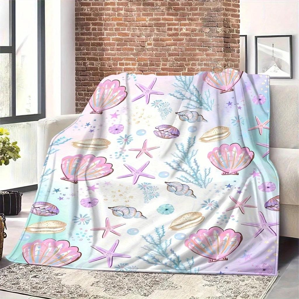 1 Stück Pastell Muschel Seestern Flanell Decke, 2D Ozean Druck Überwurf, Ganzjahres Weiche Fleece Decke für Schlafzimmer, Wohnzimmer, Cam