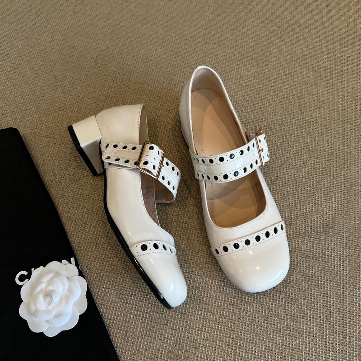 

Sheepskin French Mary Jane shoes women s round head with buckle medium heel single shoes versatile leather shoes shallow high heels 34