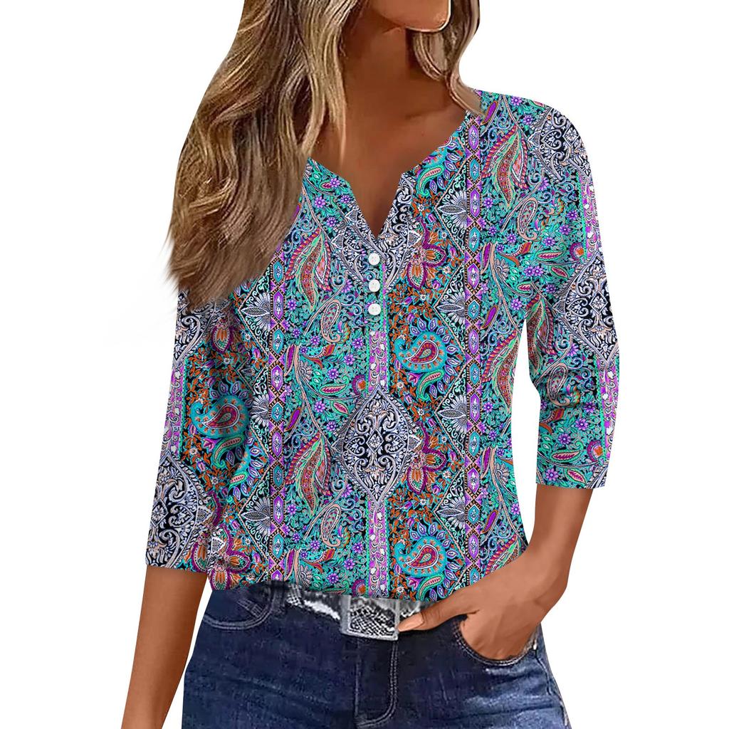 3/4 Length Sleeve Women's Tops Print Vintage Fashion Casual Loose With V Neck Plus Size Shirts Tops