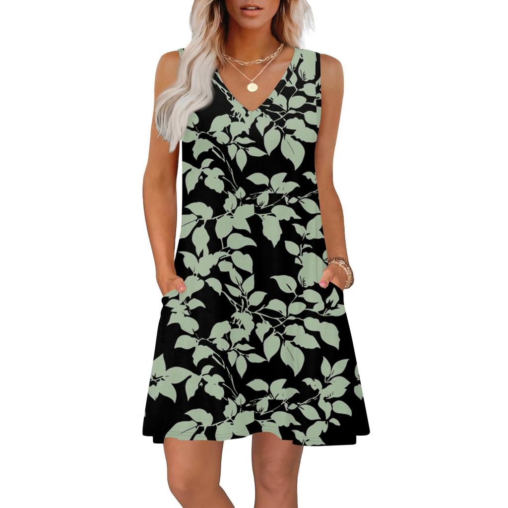 Women's Summer Dresses Loose Fit Printed V Neck Sleeveless Sundresses Beach Hawaiian Dress With Pockets