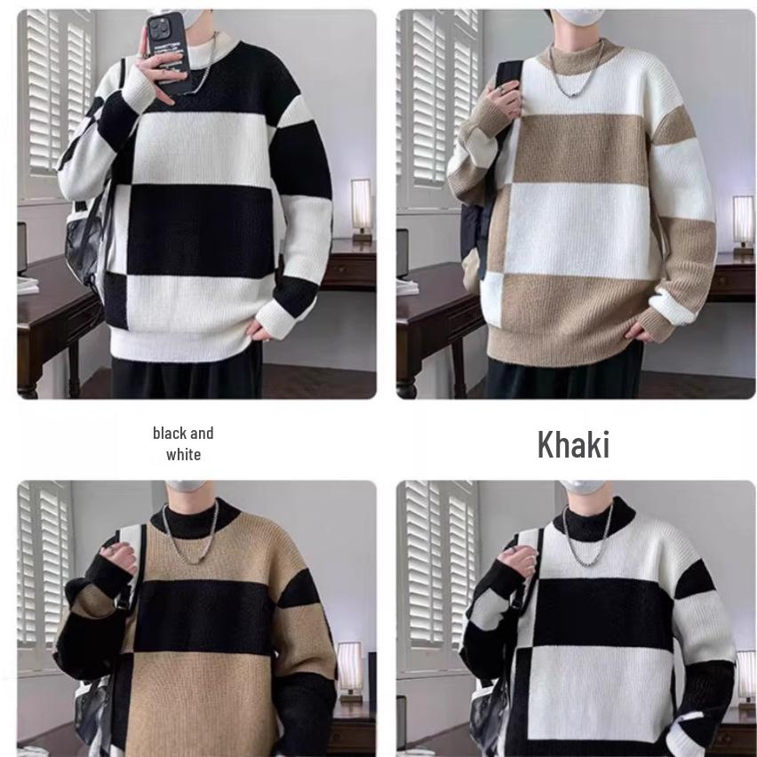 Men's Autumn/Winter Color-Block Round Neck Sweater - Warm Casual Wool Knit Top