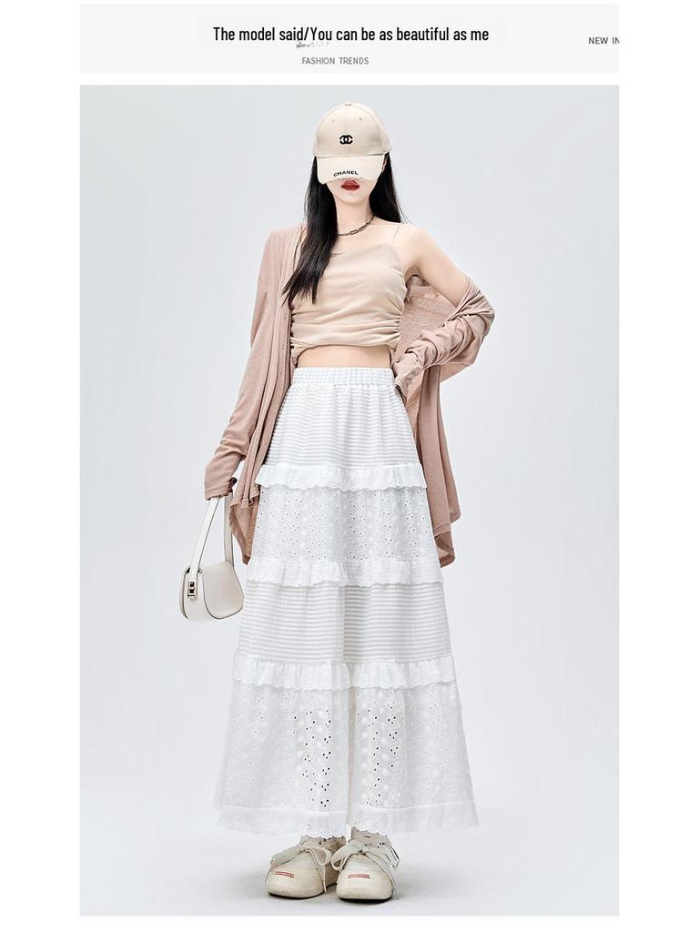 2024 Frühling Damen High-Waist Weiß A-Linien Kuchenrock mit floralem Spitzendesign