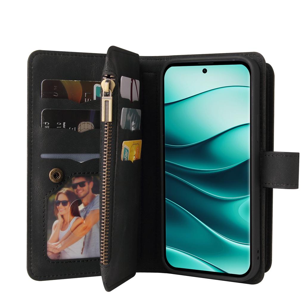 For Xiaomi Redmi Note 14 Pro+ 5G/Xiaomi Poco X7 5G/Xiaomi Redmi Note 14 Pro 5G Zipper Wallet Case with 15 Card Slots and Strap Leather Phone Cover