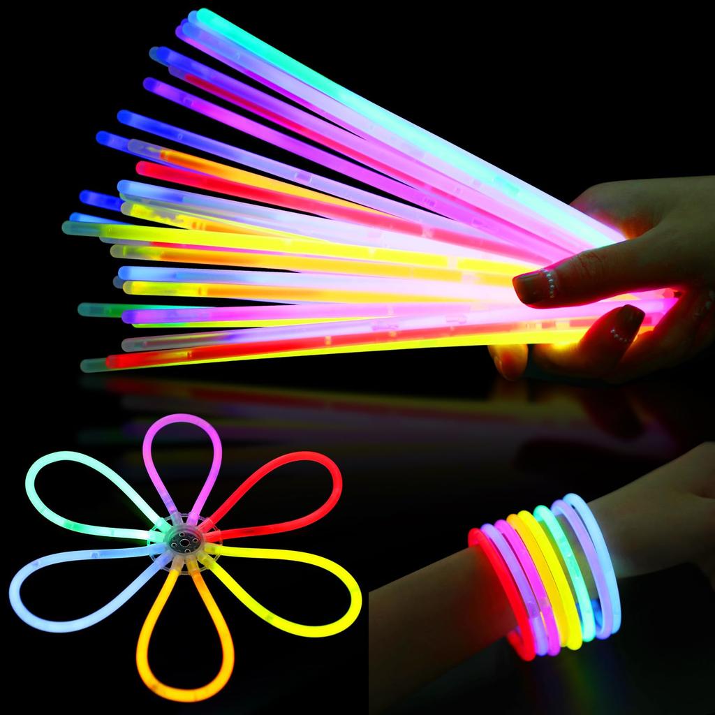 CINECE Light Chemical Fluorescent Glow Cheering Sticks with Connecting Perfect for Concerts and 8 Colors Sticks, Lights, Bracelets, Glow-in-the-Dark