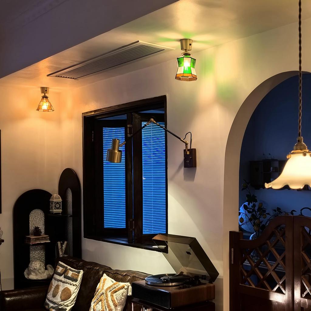 compact ceiling light with a colored glass brass socket LED Nordic retro perfect for living or Easy installation not Brown Stylish, shade, (E14 base),