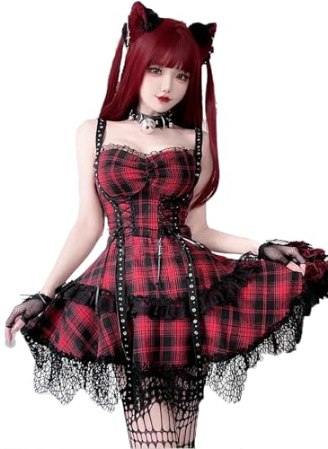 SUNNYSTEP Cosplay Gothic Lolita Dress, Sexy Check Pattern, Strap Belt, Lace, Set, Gothic Lolita Dress, Cute Mini Skirt, Knee-Length, Lolita Punk, Lace