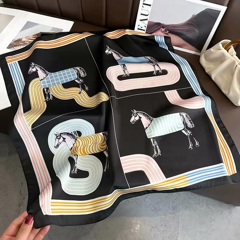 Luxury Silk Shawl Square Scarf Women Horse Satin Hijab Fashion Wraps Neckerchief Female Hair Bands Ribbon Headband Bandana 70Cm