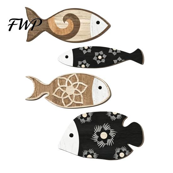 Nautical Themed Wall Decor 4 Pcs Rustic Fish Art Wooden Hanging Sculpture Beach for Coastal Ocean Bathroom Home Vintage