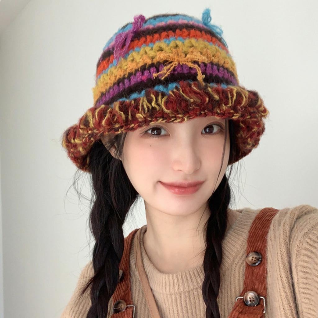 Korean Handcrochet Vintage Rainbow Striped Bucket Hat Women Cute 3D Bowknot Warm Faux Wool Knitted Beanies Fishing Cap