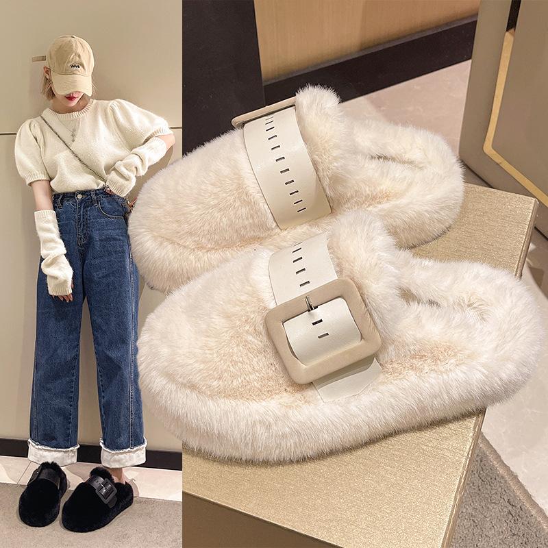 Fashion High-end Fluffy Slippers Women's 2025 Autumn and Winter New Outer Wear Thick-soled Muffin Half-slippers Head-wrapped Cotton Slippers