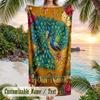 Peacock Floral Artwork Theme Quick Dry Beach Towel Custom Name Text Print Large Sand Resistant Towel Beach Vacation