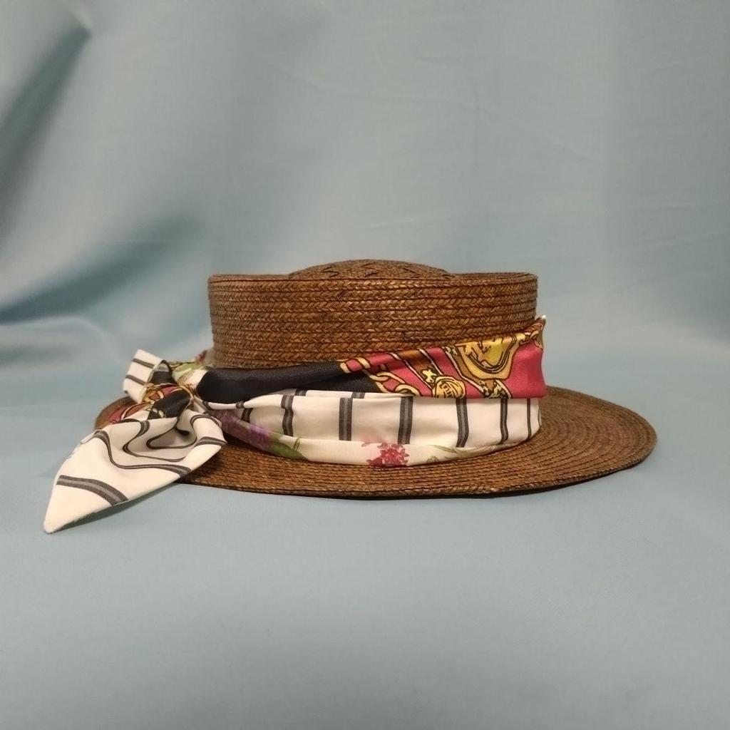 Used Straw Hat Boater Hat with Scarf