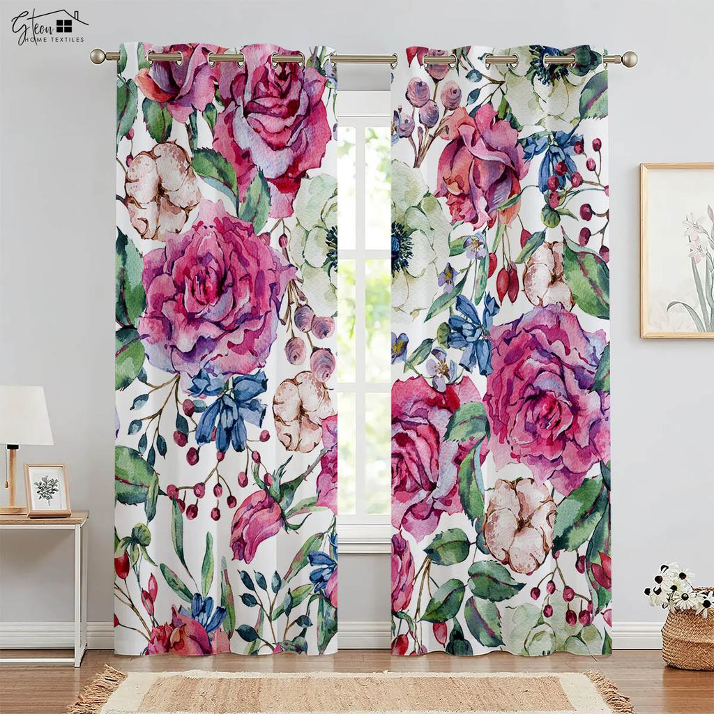 Beautiful Flower 3D Printed Drapes Chinese Style Ink Peony Rose Bed Room Family Room Study Rod Pocket Design Decorative Curtains