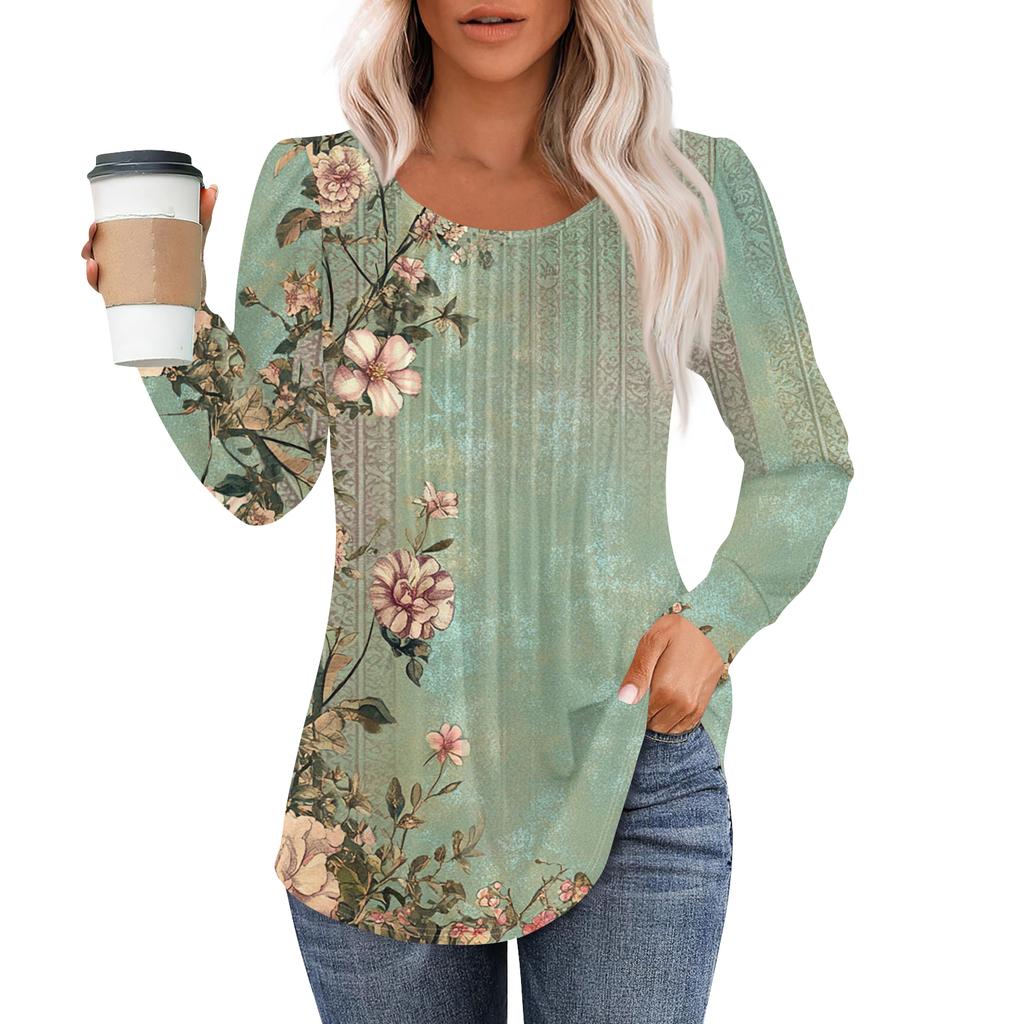 Damenmode Lässig Plissiert Rundhals Vintage Blumendruck Langarm T-Shirt Top