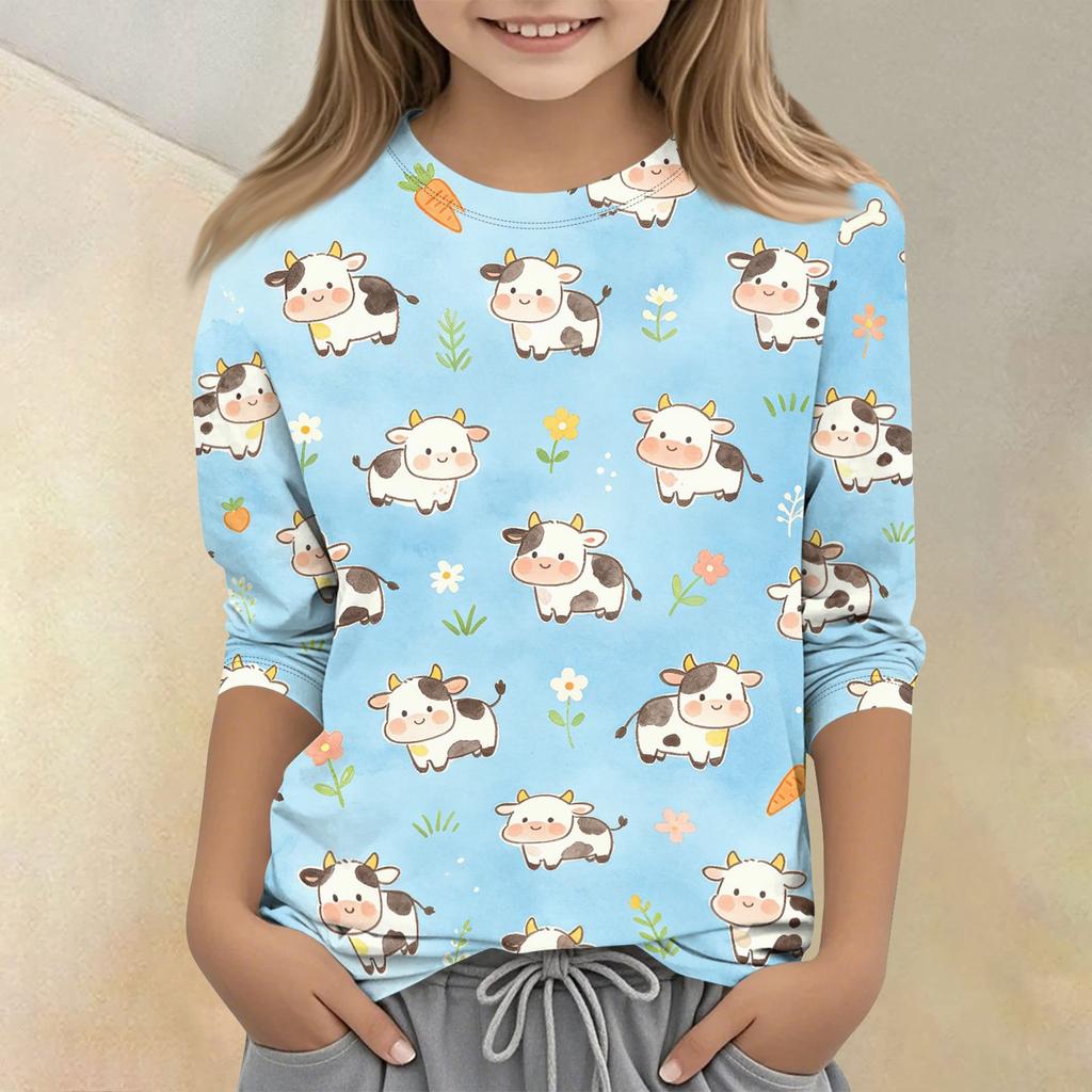 Kids Animal Print Crew Neck 3/4 Sleeve Casual T-Shirt Soft Comfortable Fabric Suitable for Everyday Wear and Outdoor Activities