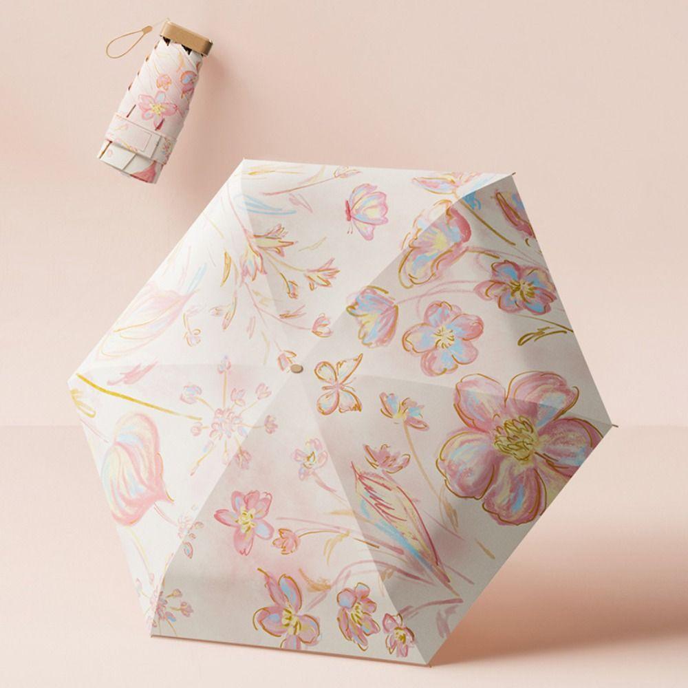 6 Ribs Design Sunscreen Umbrella Floral Pattern Rain Umbrella Portable Sunshade Umbrella Outdoor