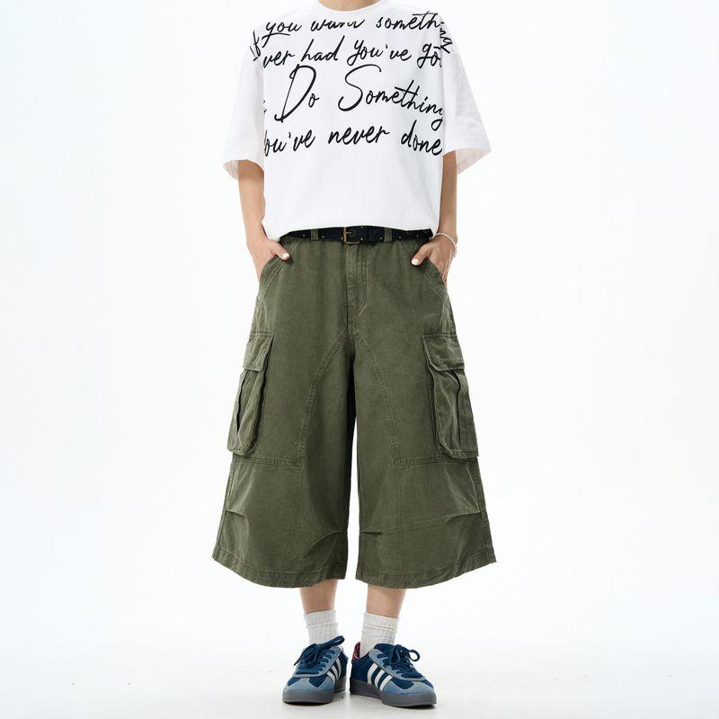 Kisko American Retro Washed Vintage Multi-Pocket Wide-Leg Cargo Pants for Men and Women, Summer Loose Straight-Leg Cropped Pants