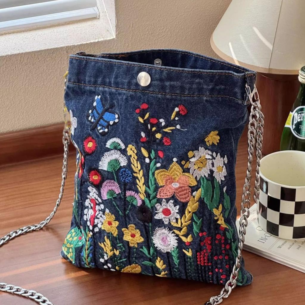 Módní řetízkové dámské crossbody kabelky, vyšívané květiny, dámská kovbojská taška přes rameno, džínová kabelka, osobnostní trend, studentská taška