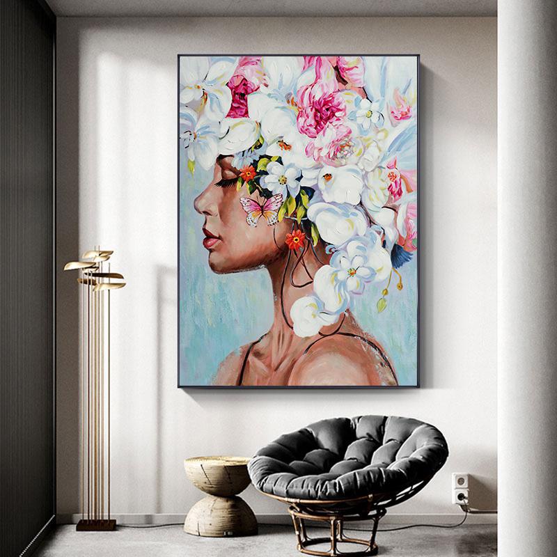 Canvas Painting Abstract Woman with Flower Butterfly Posters and Prints Modern Wall Art for Living Room Decor