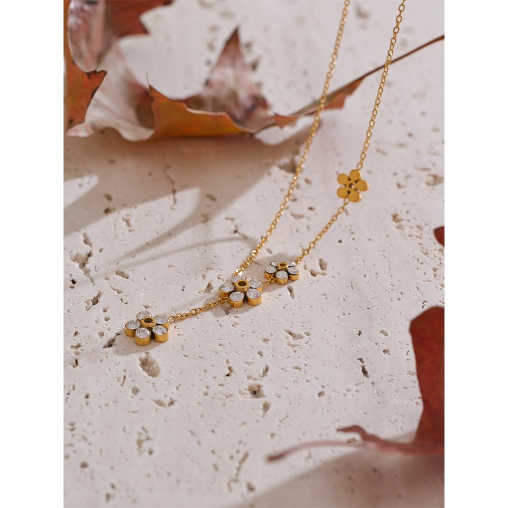 Yhpup Delicate Shiny Cubic Zirconia Flower Chic Chain Drop Golden Necklace for Women Stainless Steel High-Grade Collar Jewelry