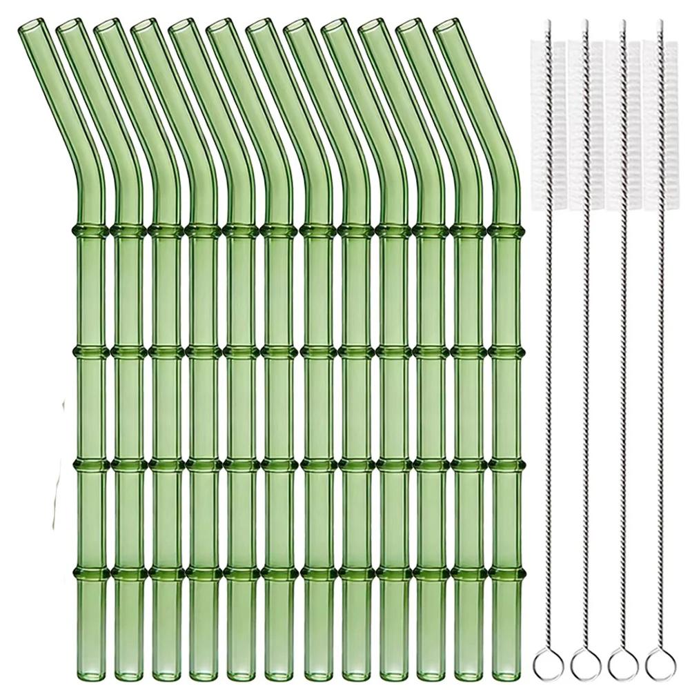12pcs Reusable Glass Straw with Brush Bag Bamboo-shaped Straws Set Suitable for Milkshakes Juices Coffee Bar Accessories