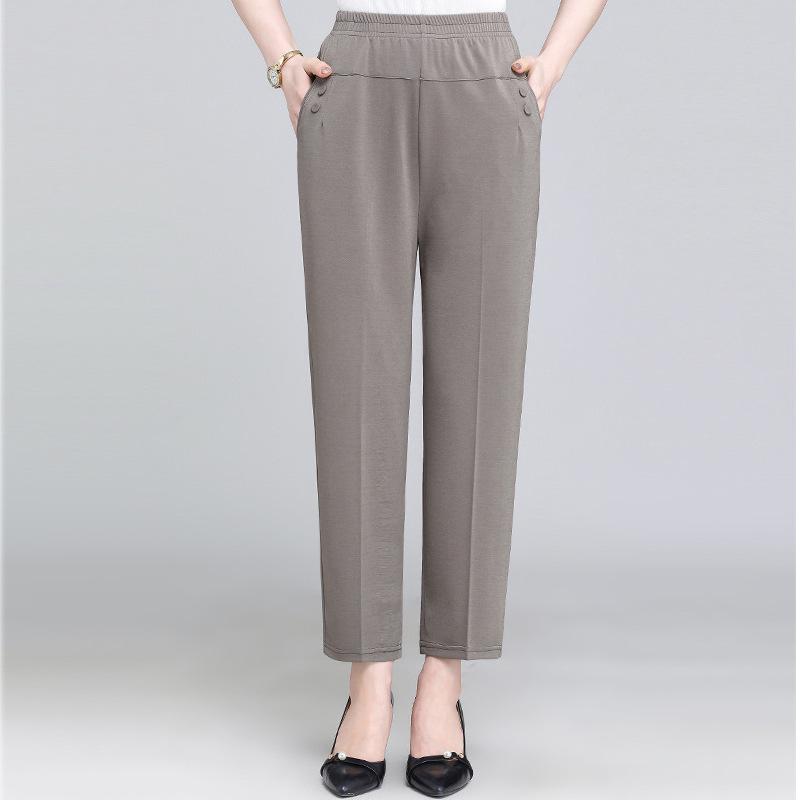 Summer Thin Breathable Elastic Pants Women's Solid Color High Waisted Loose Casual Pants Middle-aged Elastic Straight Leg