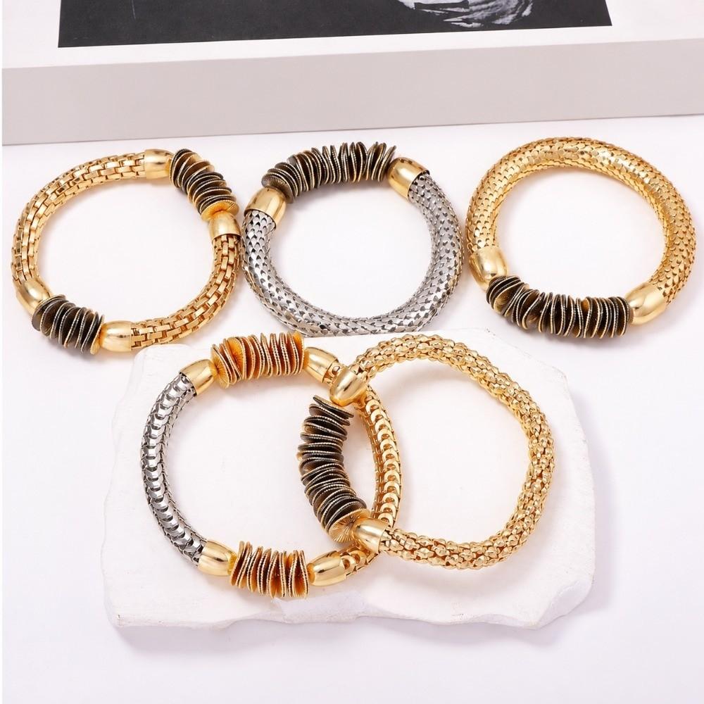 5Pcs Casual Metal Scale Bracelets Heavy-Duty Stackable Bracelets Elastic Bracelets Jewelry Gift