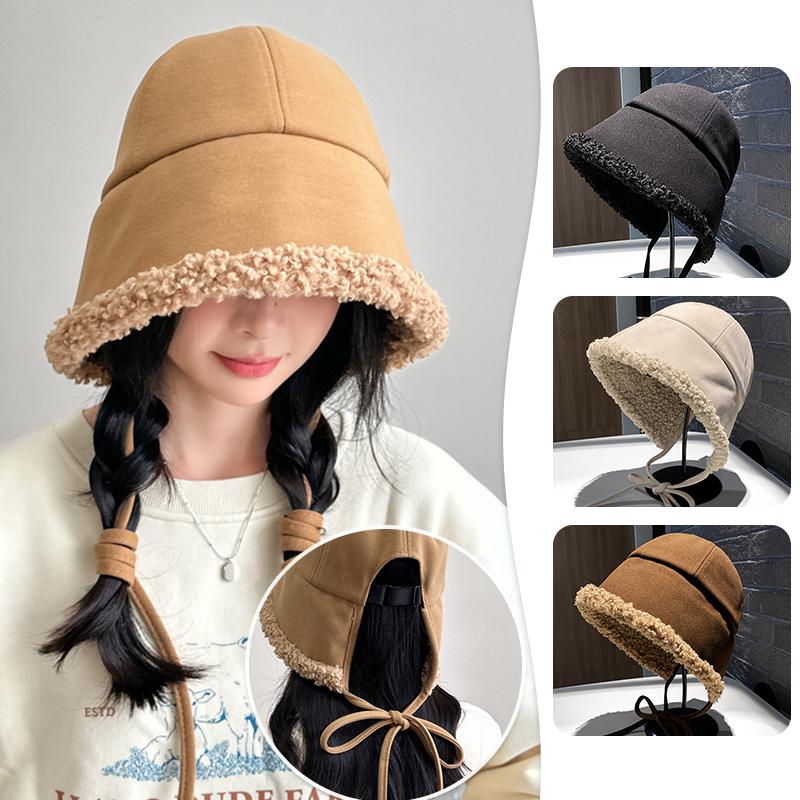 1PC Faux Shearling Warm Windproof Fashion Face Slimming Thickened Plush All-Match Bucket Hat Korean Women Winter 57.5cm