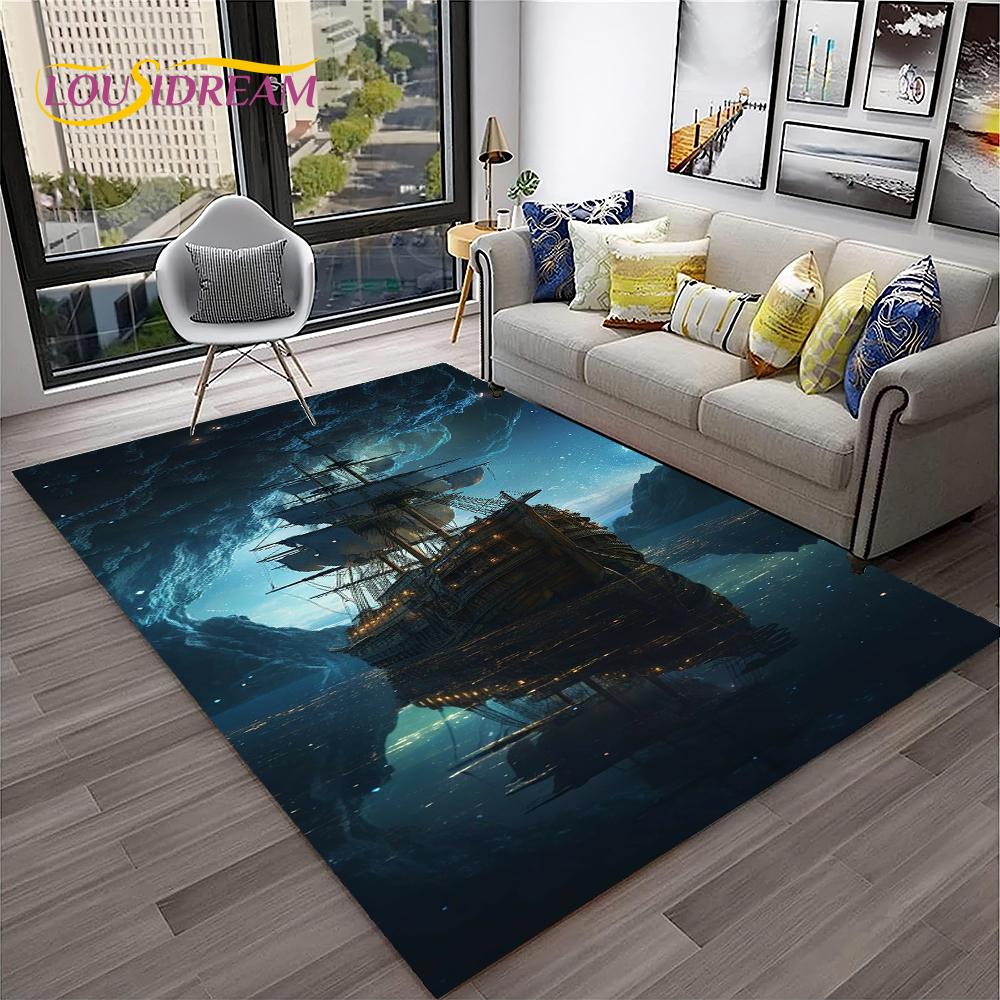 3D Pirate Ship Boat,Sailboat,Barque Carpet Rug for Home Living Room Bedroom Sofa Doormat Decor,kids Area Rug Non-slip Floor Mat