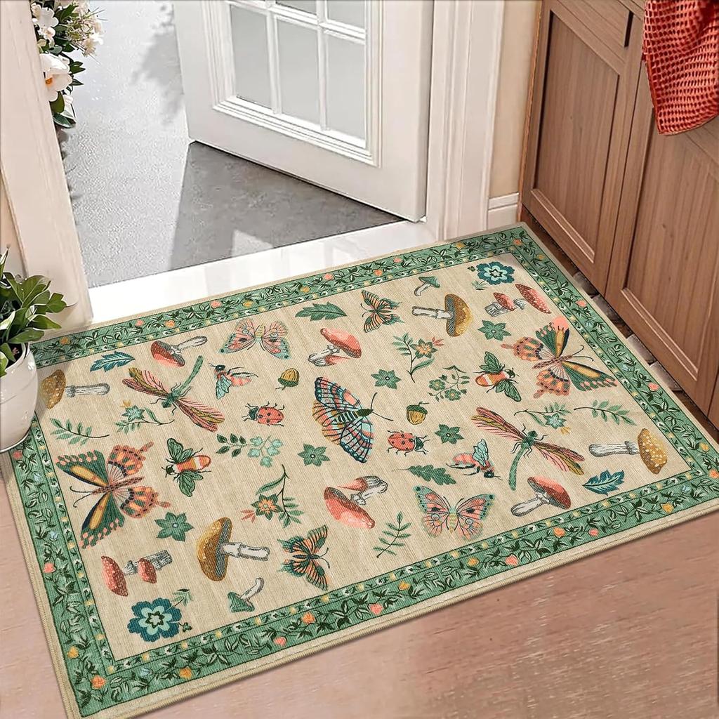 Retro Waldtier Teppich Libelle Pilz Schmetterling Teppich Heimdekoration Eingangsbereich Fußmatte Blau Blumiger Bodenläufer