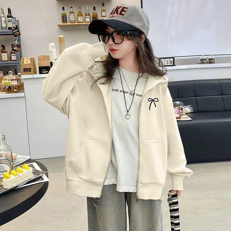 Girls Casual Jackets Spring Sweatshirt Coats Autumn Kids Bow Print Thin Zipper Outerwear Teen Sport Clothes 5-14 Years