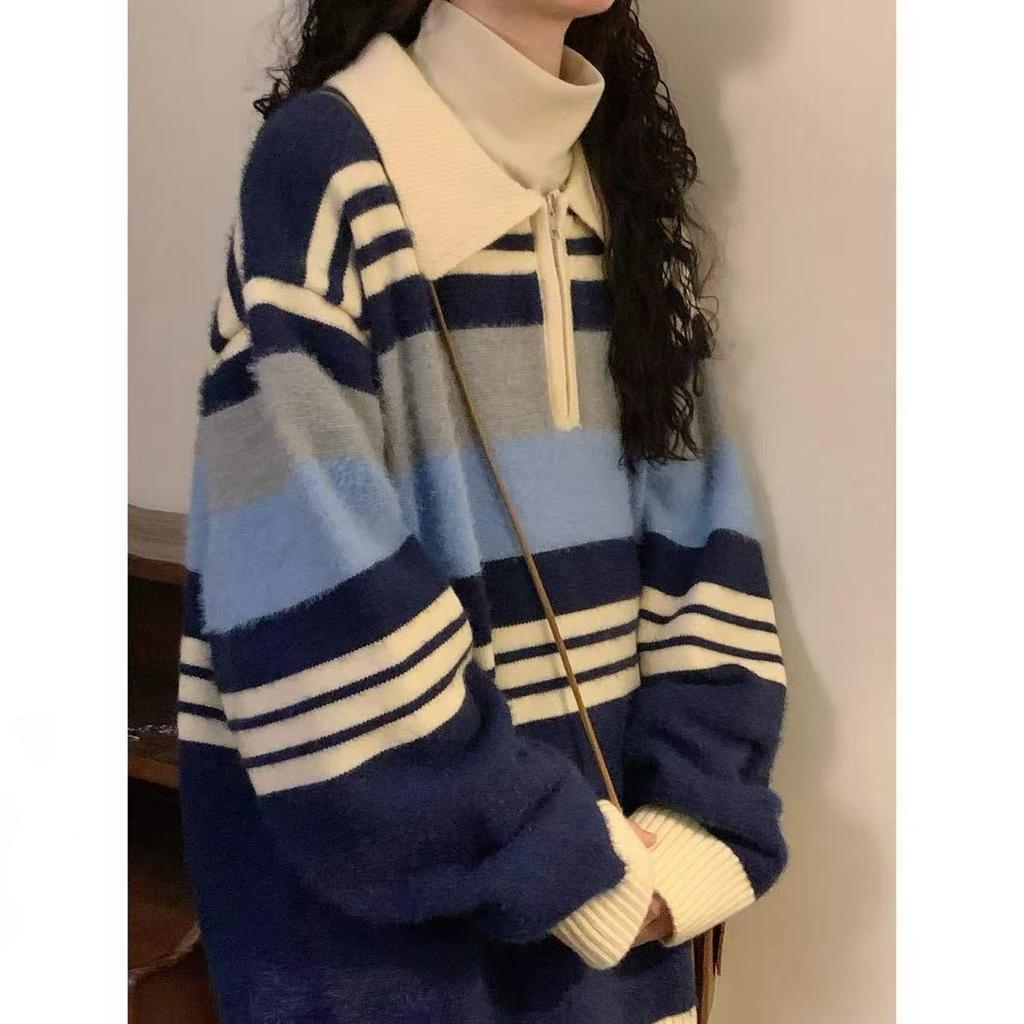 Unisex podzimní/zimní retro líný styl pruhovaný svetr s POLO límcem, pletenina inspirovaná univerzitním stylem