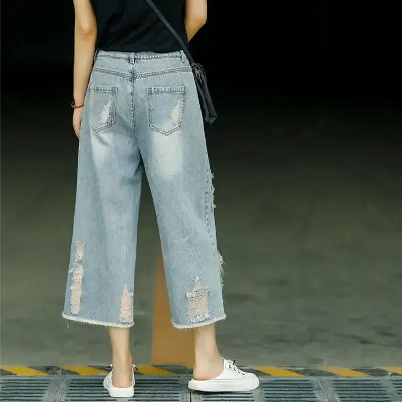 Women Summer Wide Leg Denim Jeans Loose Design High Waist Causal Pants